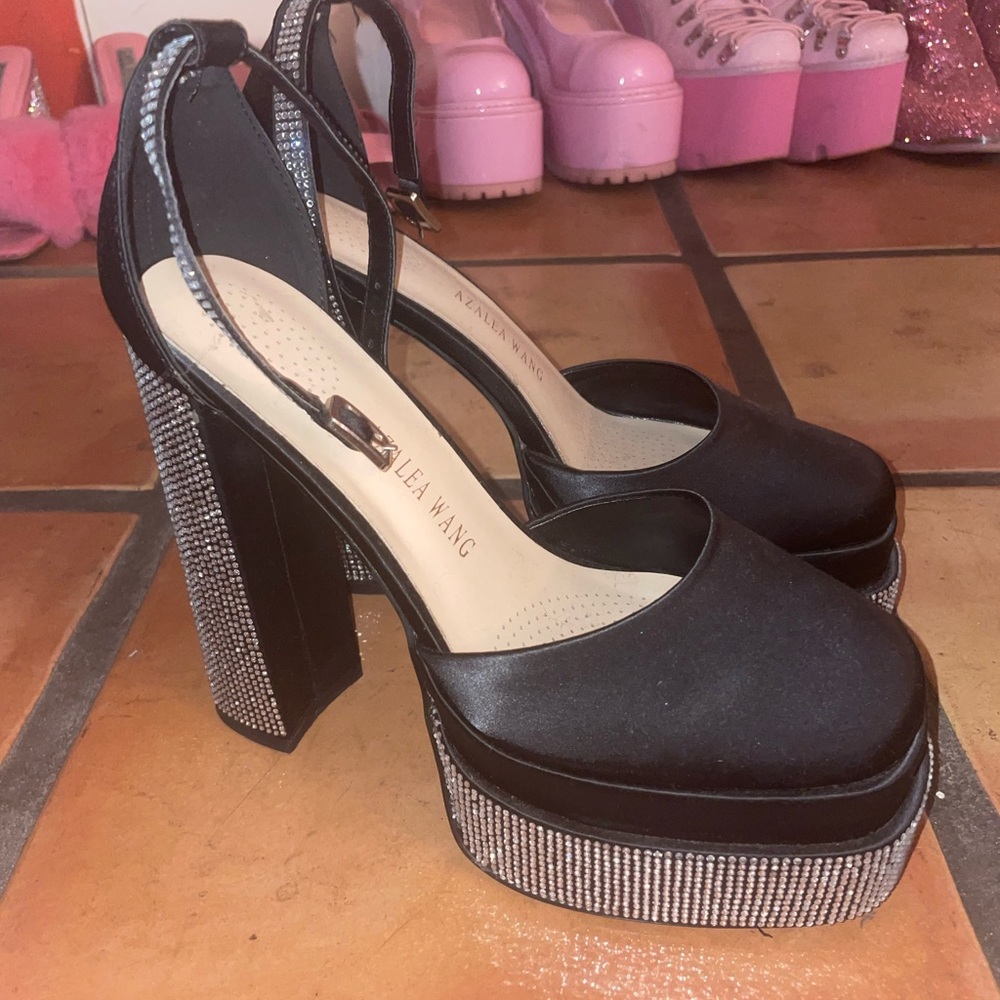 Black silk rhinestone heels